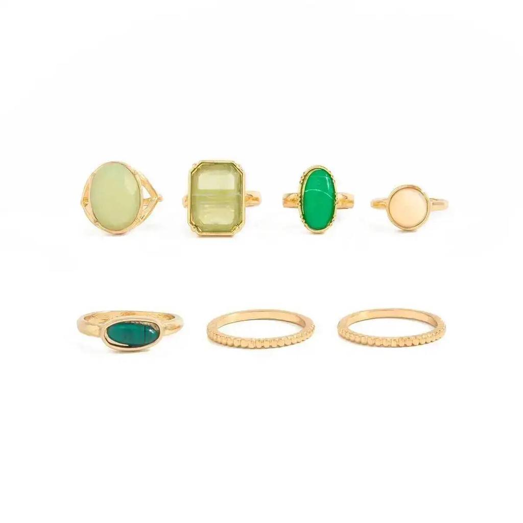 SHIXIN 7Pcs/Set Luxury Retro Green Acrylic Resin Finger Ring for Women Fashion Geometric Gold Color Stackable Ring Charm Jewelry