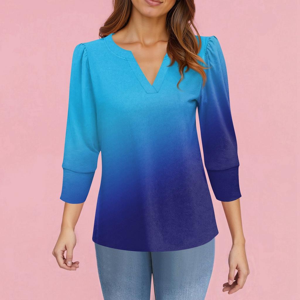 Damska Moda Casual Koszula z Nadrukiem z Rękawem 3/4 Damskie Bluzki z Dekoltem w Serek