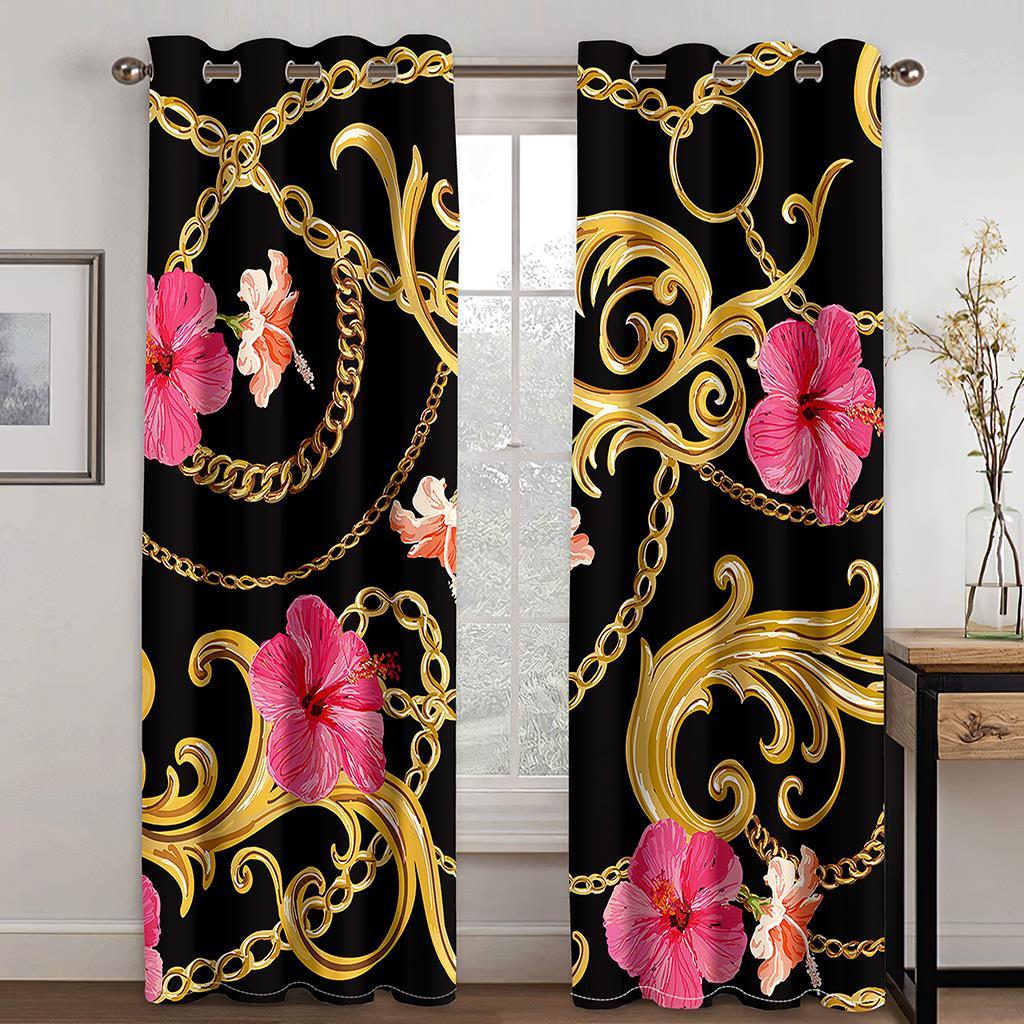 Floral Gold Chain Lines 3D Green Creative Curtains 2 Panels Fit Living Room Kitchen Bedroom Balcony Decor