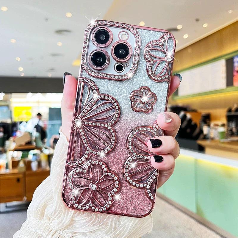 Glitzernder Farbverlauf Strass Blume Handyhülle für Apple 17 Pro Max - Mädchenhafter Stil (Passend für 11/12/15/16)