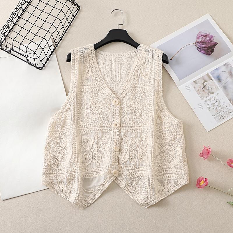 

DIMANAF 2025 Новая футболка большого размера на весну для женщин, вязаный жилет без рукавов с V-образным вырезом, ажурный стиль, базовые топы, футболки, свободная одежда One Size бежевый