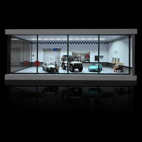 NUEIOVRW Diorama 1/43 Scale Garage Model with LED Lighting, Dust Door, Car Showroom Model, Urban Parking Lot, 1/43 Diecast Model, Car Storage Scene Di