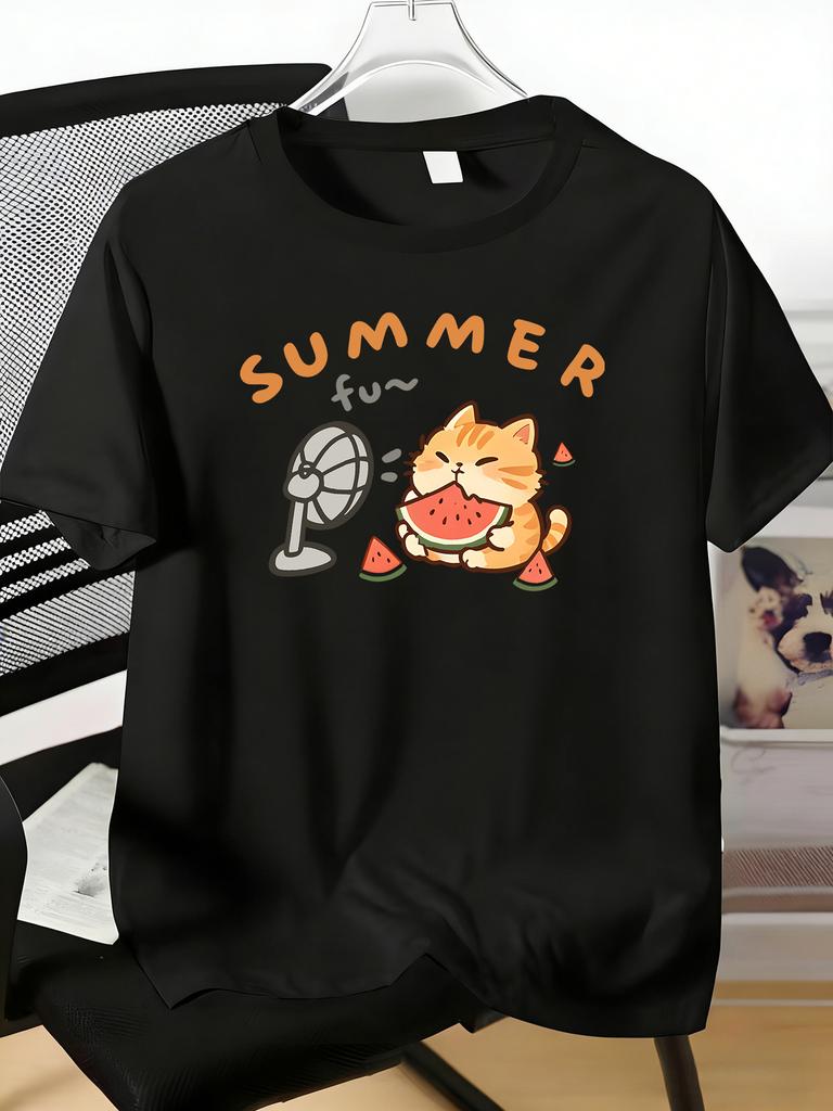 Unisexs Tee Summer Cat Watermelon Fan Cartoon Print Cotton Short Sleeve Male Casual Streetwear Outdoor Daily Basic Fashion Top