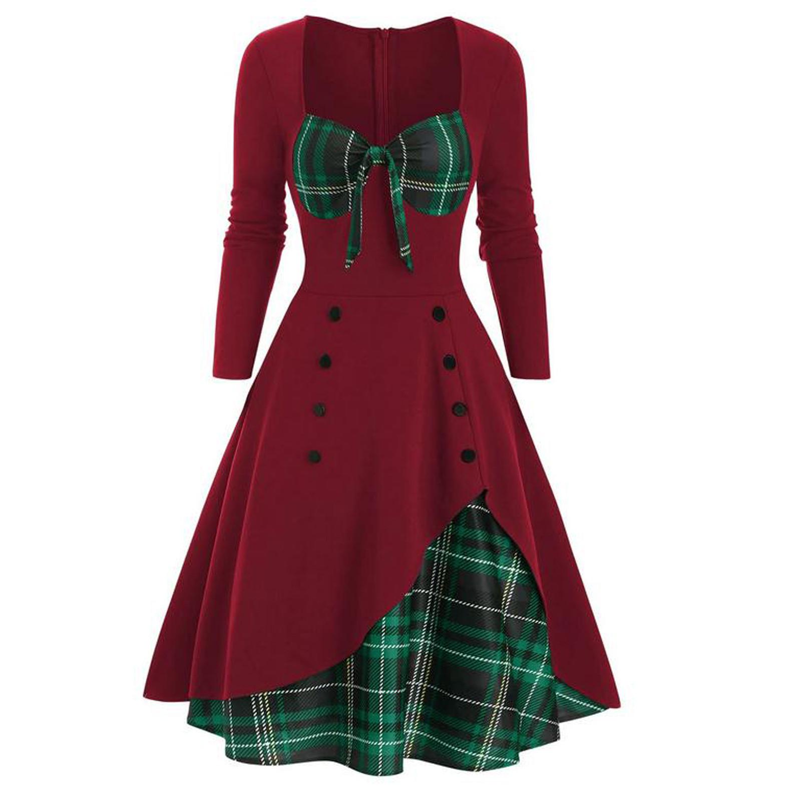 

Women Long Sleeve Lattice Splicing Pullover Button Fitted Waist Sweatshirt Dress XL червоний