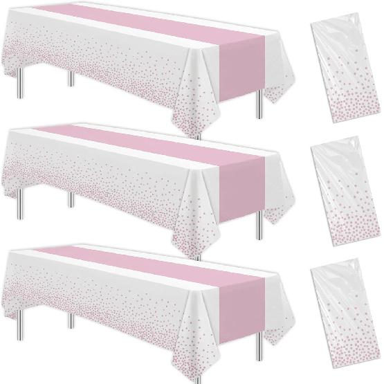 White and Silver Party Decorations Tablecloth, 3 Pack Disposable White Table Cover Printed Silver Table Runner for Birthday Baby Bridal Shower