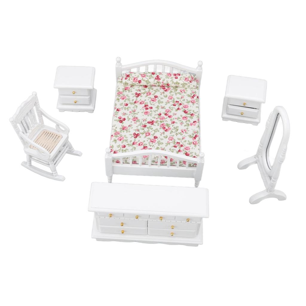 6pcs Set Dollhouse Bedroom Furniture 1:12 Scale Miniature Exquisite DIY Simulation Wooden Doll