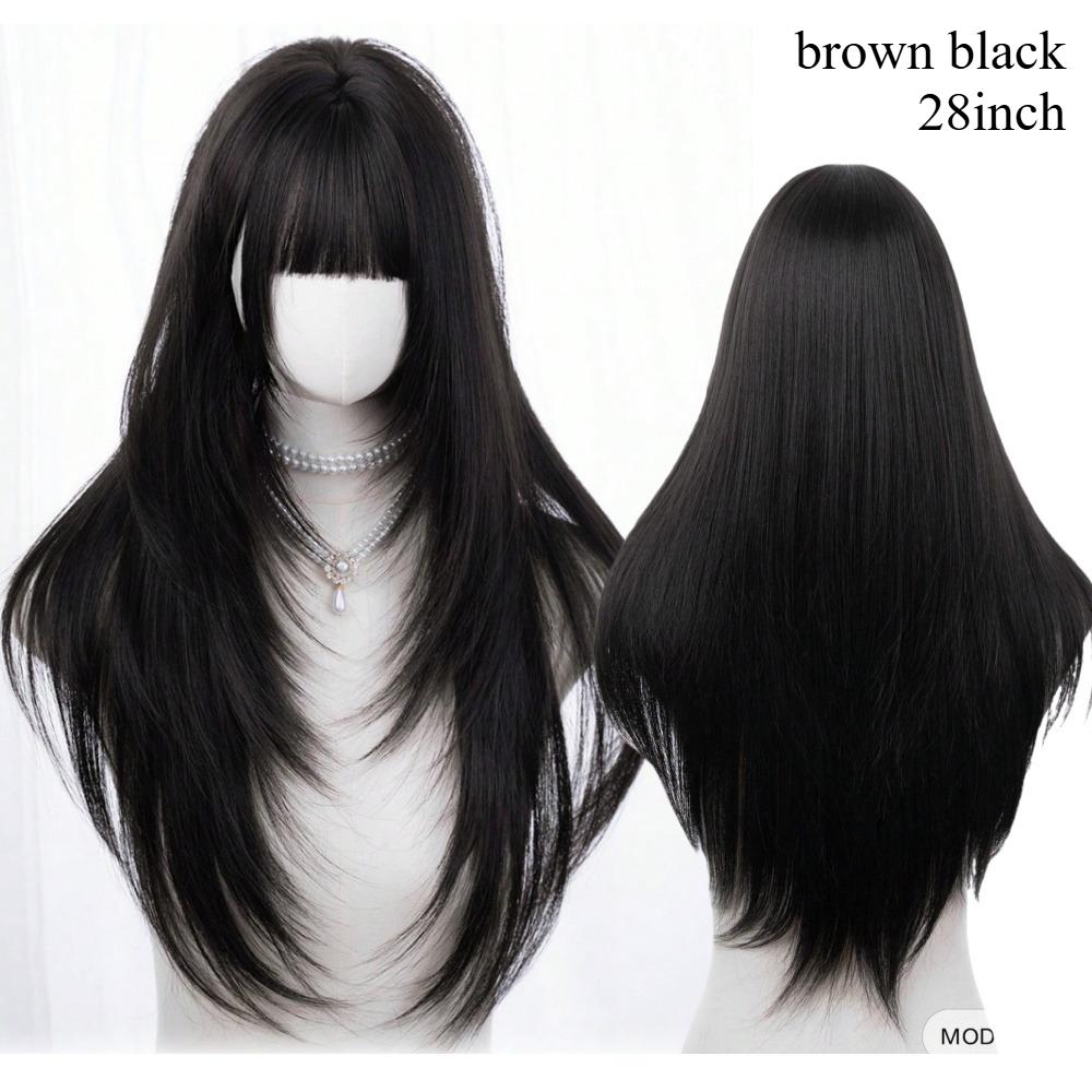 

Ashely Black Brown Synthetic Heat-Resistant Straight Hair Wigs with Bangs Suitable for Daily Use Natural and Realistic False Wig (as the picture,28inches&1pc)
