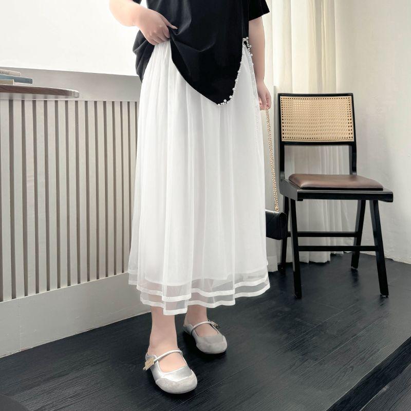 

Plus size women clothing [Bai Yue Xiang Song] Temperament Gentle Beads round Neck Short sleeve T-shirt Mesh Half Body Skirt set Cheese White-Skirt 6XL