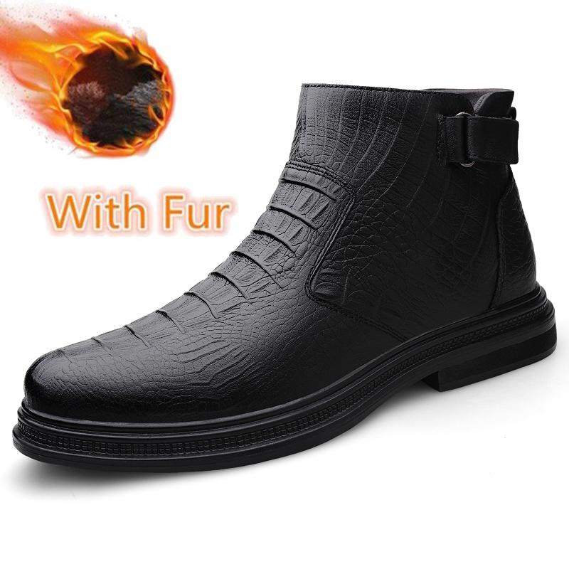 

Ботильоны мужские из натуральной кожи, супертеплые деловые ботинки, теплые зимние ботинки с крокодиловым узором и мехом, мужская обувь класса люкс 46