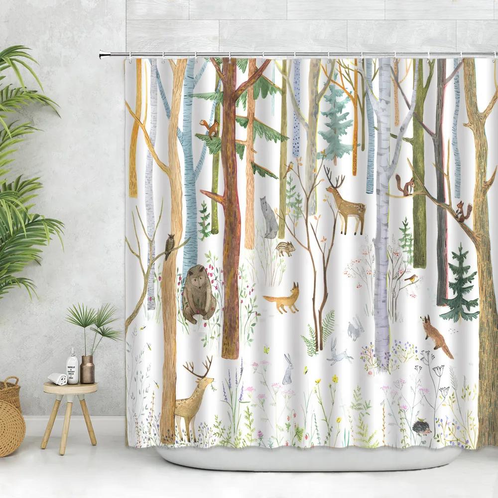 Forest Animals Shower Curtains Reindeer Fox Squirrel Elk Bear Wildlife Plants Farm Bird Painting Home Bathroom Decor With Hooks