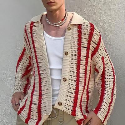 Otoño Primavera Camisa Cardigan para Hombre Tejido Hueco Cuello Solapa Abotonadura Simple Holgado Mangas Largas Combinación de Colores