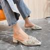 Women's Slippers Mules Summer New Pointed Toe middle Heels Pearl Women Shoes Outdoor Ladies Slippers Dress Women slides Shoe