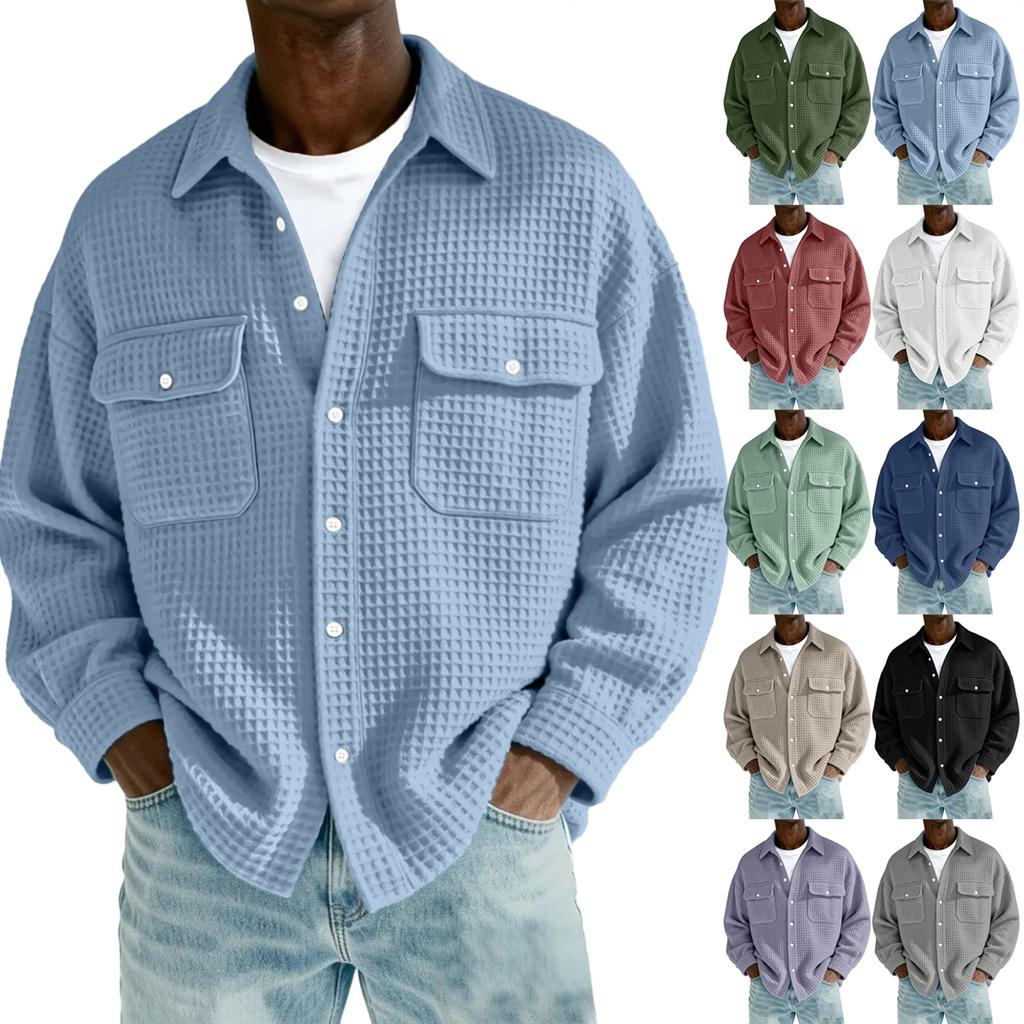 Camisa casual de manga larga con botones y bolsillo para hombre