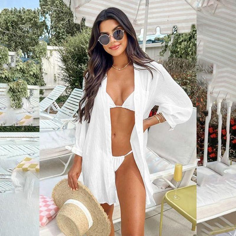 

2023 Easiest for Match European and American Personalized Export Pure Color Casual Vacation Style Seersucker Shoelace Cuff Blouse Dress Black L