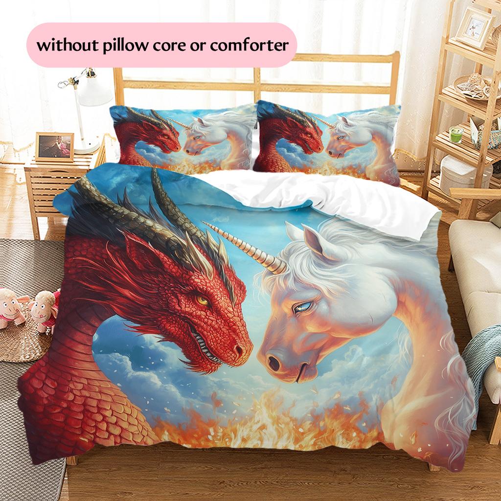 Dragon and unicorn Pattern Bedding Quilt Set Quilt Cover Pillowcase Home Decoration Gift (1 * duvet cover + 2 * pillowcase, without core)