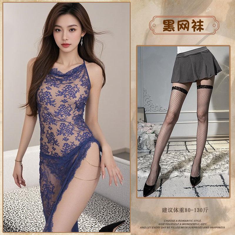 Sexy halterneck lace maxi skirt hot temptation royal sister slit see-through dress erotic lingerie