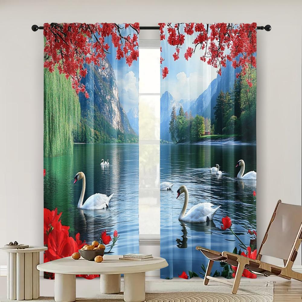 2pc,  Curtains The picturesque forest_ Swan Lake_ seagulls_ fish_ and red blooming flower party Versatile 100% Polyester,Without