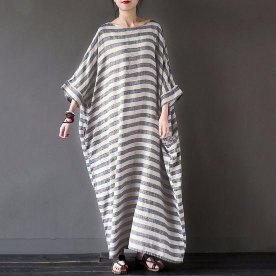 O-Neck Batwing Sleeves Women Dress Pockets Ankle Length Fine Sewing Retro Striped Print