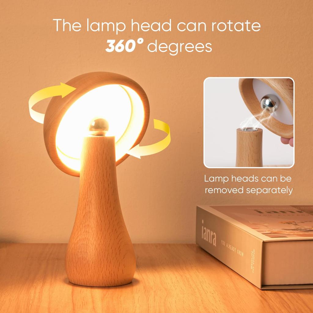 Portable Cordless Wooden Mushroom Lamp with Touch Switch, Small Size, Rechargeable, Stepless Dimming, 360-Degree Rotation, Perfect As a Birthday Gift