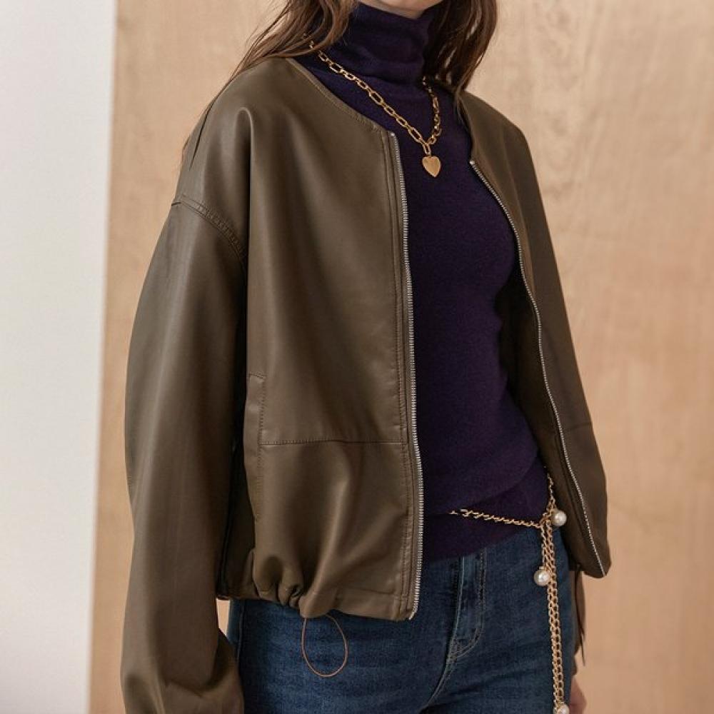 

Maxza Round Collar String Zip Up Fake Leather Jacket Zc10qj012on blacks/FREE