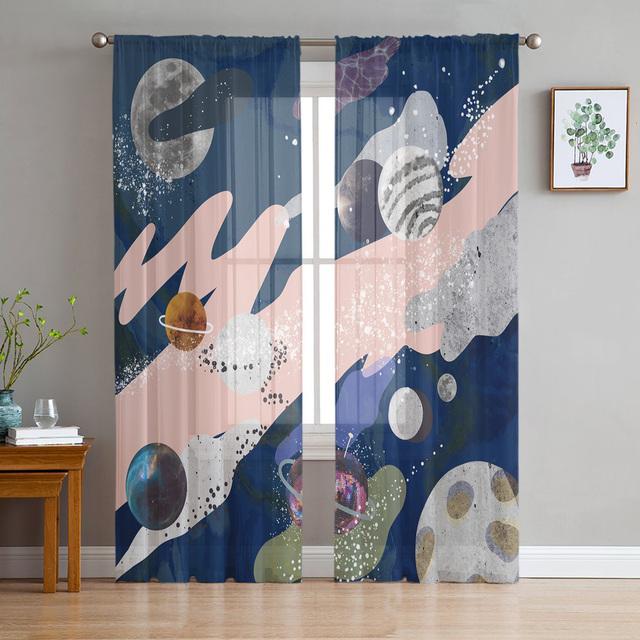 Galaxy Moon Sun Simple Planet Sky Sheer Curtains Living Room Window Tulle Curtains Bedroom Veiling Curtains Decor Luxury Drapes
