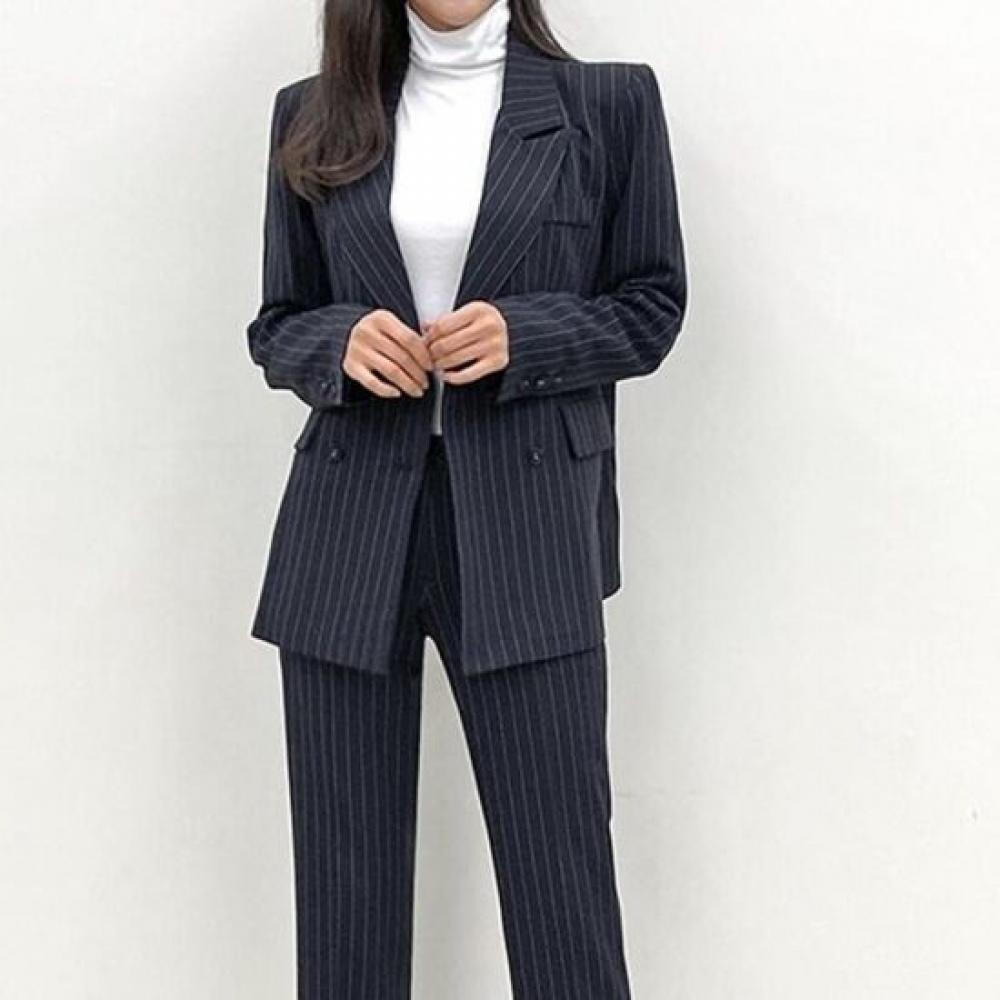 Style Latte Women Stripe Span Double Jacket Semi Tailored Suit