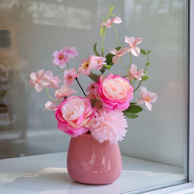 

Pink Artificial Flower Bouquet Home Decoration - Small Artificial Cherry Blossom For Tabletop, Dining Table And Living Room Decoration
