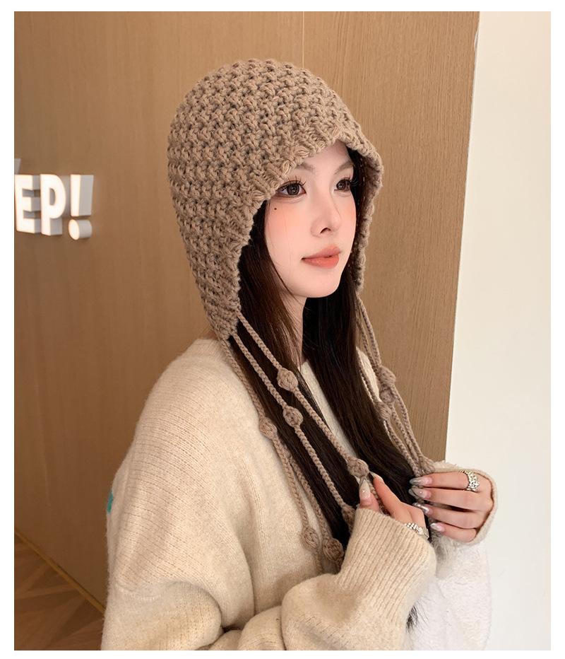 

Модна в язана шапка з вовни з бахромою, ручної роботи, тепла, з ремінцями для захисту вух, в язана шапка, великий обхват голови, шапка-пуловер 55-60cm