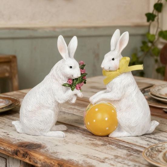 Mini Easter Holding Egg Bunny Statue Flower Colorful Ceramic Rabbit Figurine Spring Easter Home Office Holiday