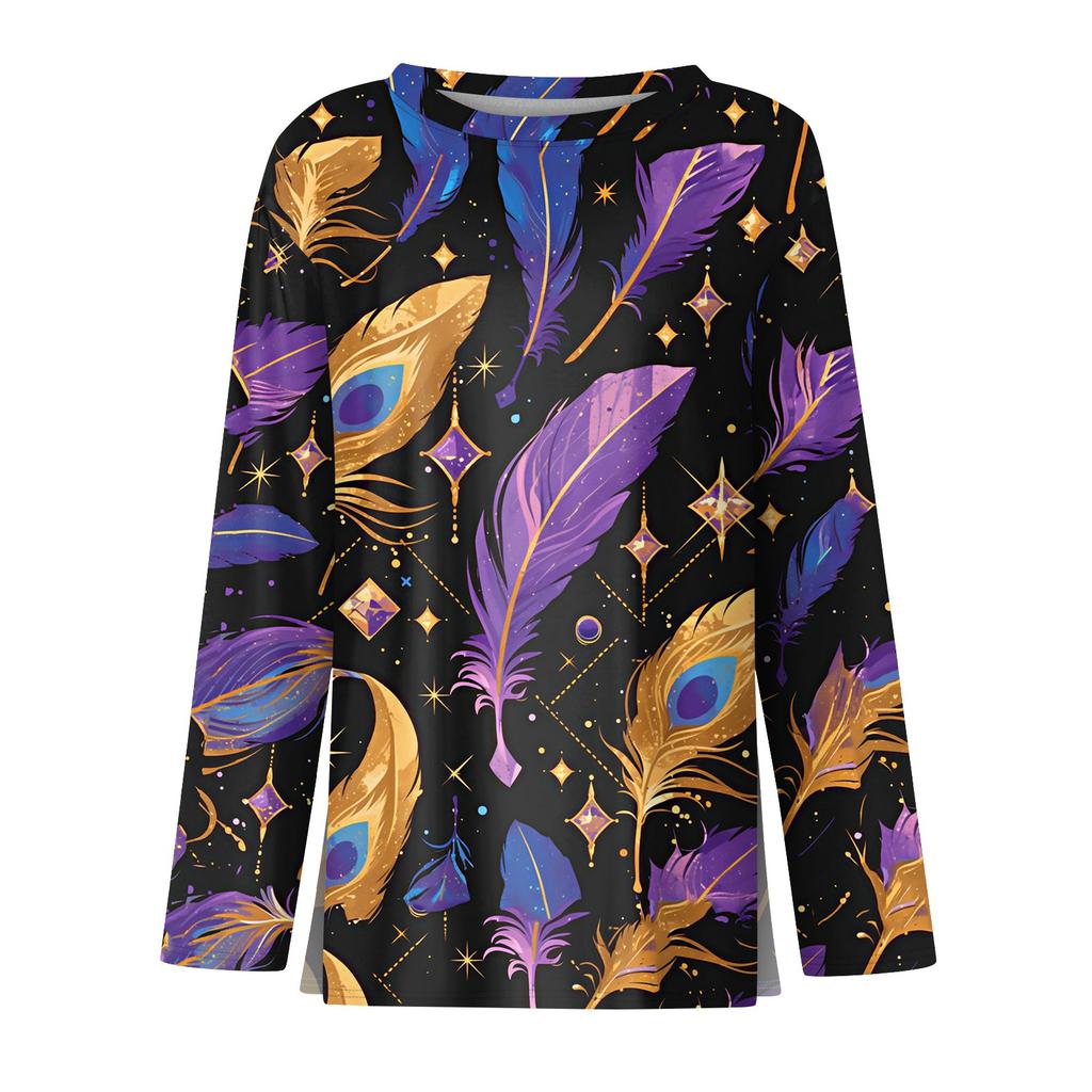 Damenmode Lässig Schlitzsaum Rundhals Langarm Locker Bedrucktes T-Shirt Top