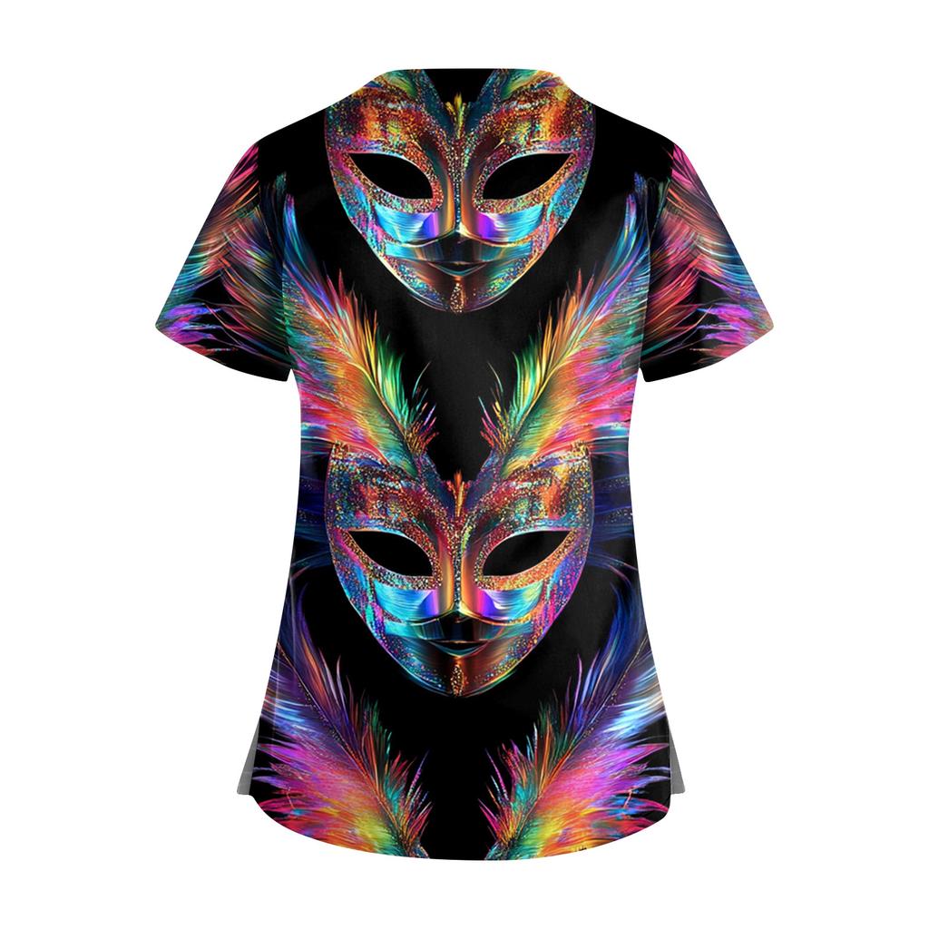 Dam Kortärmad Stagger V-ringad Tryck Ficka Torr-Topp