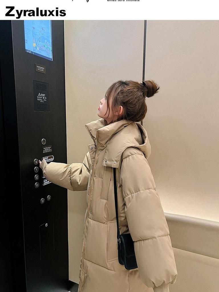 Real shot of the new winter mid-length knee-length down cotton coat for women, Korean-style loose thickened hooded cotton-padded jacket outerwear