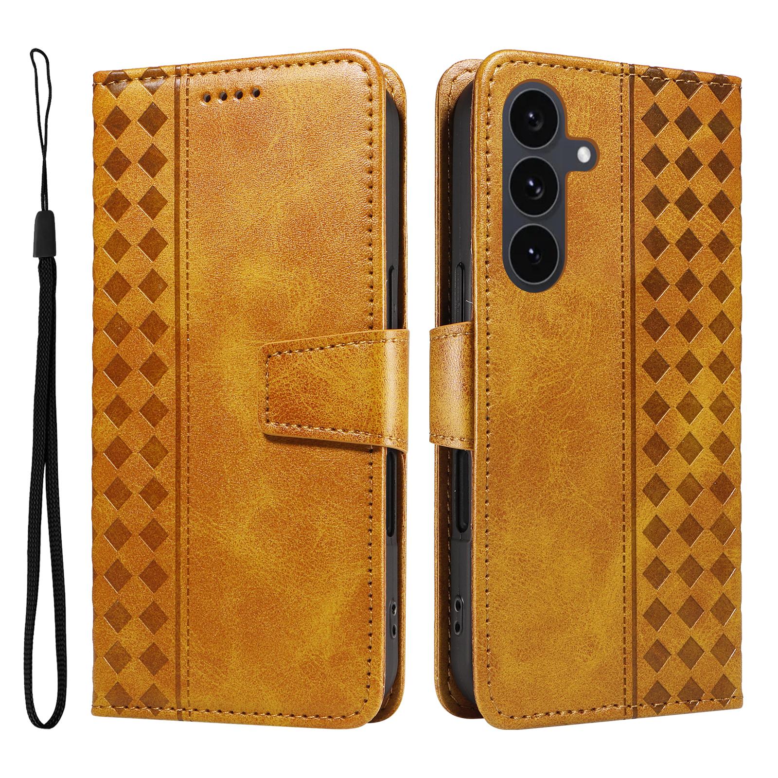 

For Samsung Galaxy S25 FE Leather Case Wallet Stand Grids Imprinted Phone Cover with Strap Yellow