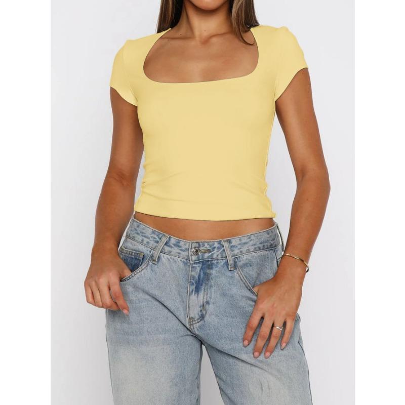 Dámský crop top čtvercovým výstřihem, krátkým rukávem, jednobarevný, přiléhavý, ležérní tričko