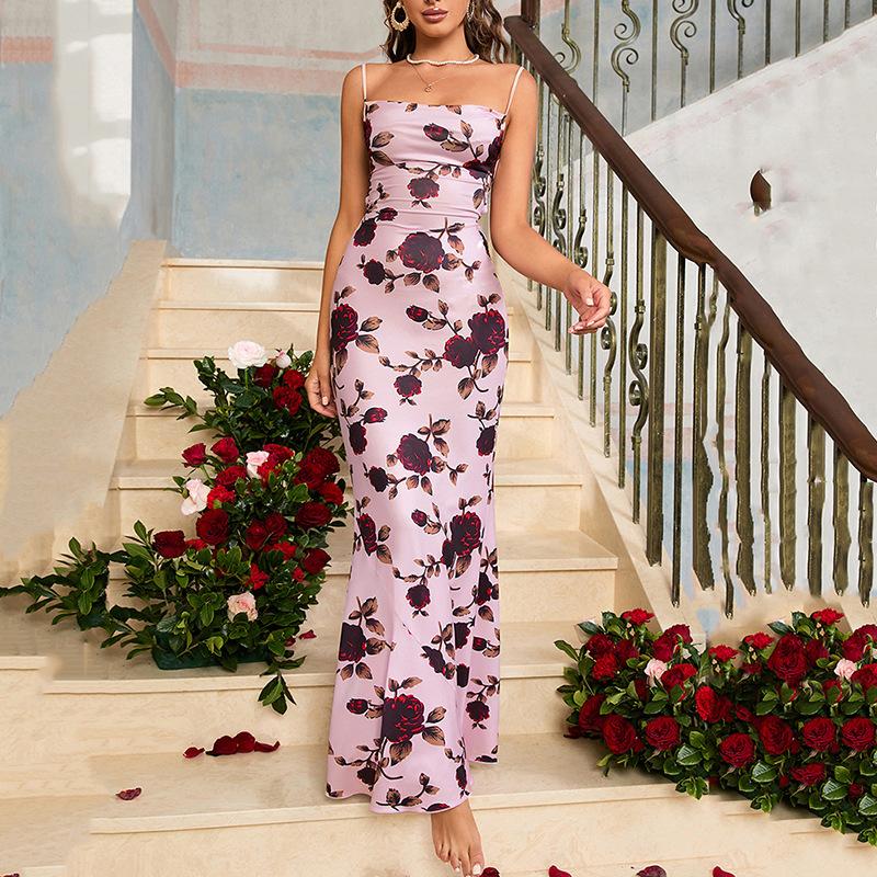 Mesh dress, European and American sexy printing swing neck backless hip-wrapped dress XS