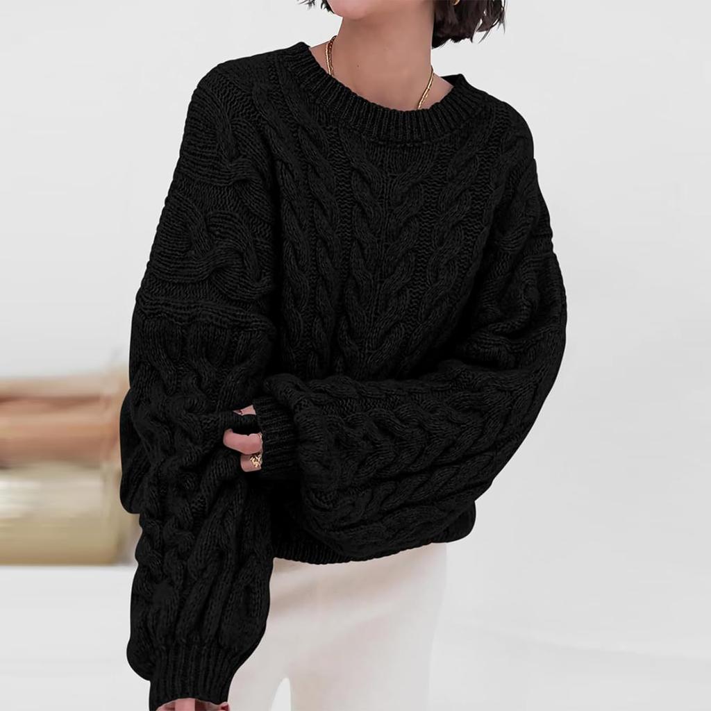 Women's Solid Color Thick Needle Big Dough Twists Loose Pullover Round Neck Long Sleeve Sweater