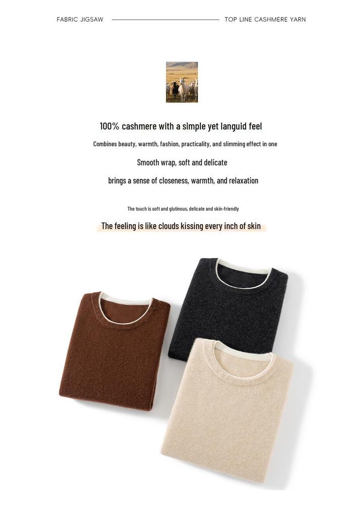 Pure Cashmere Color Block Round Neck Knit Sweater - Women's Long Sleeve Loose Fit Base Layer for Fall/Winter