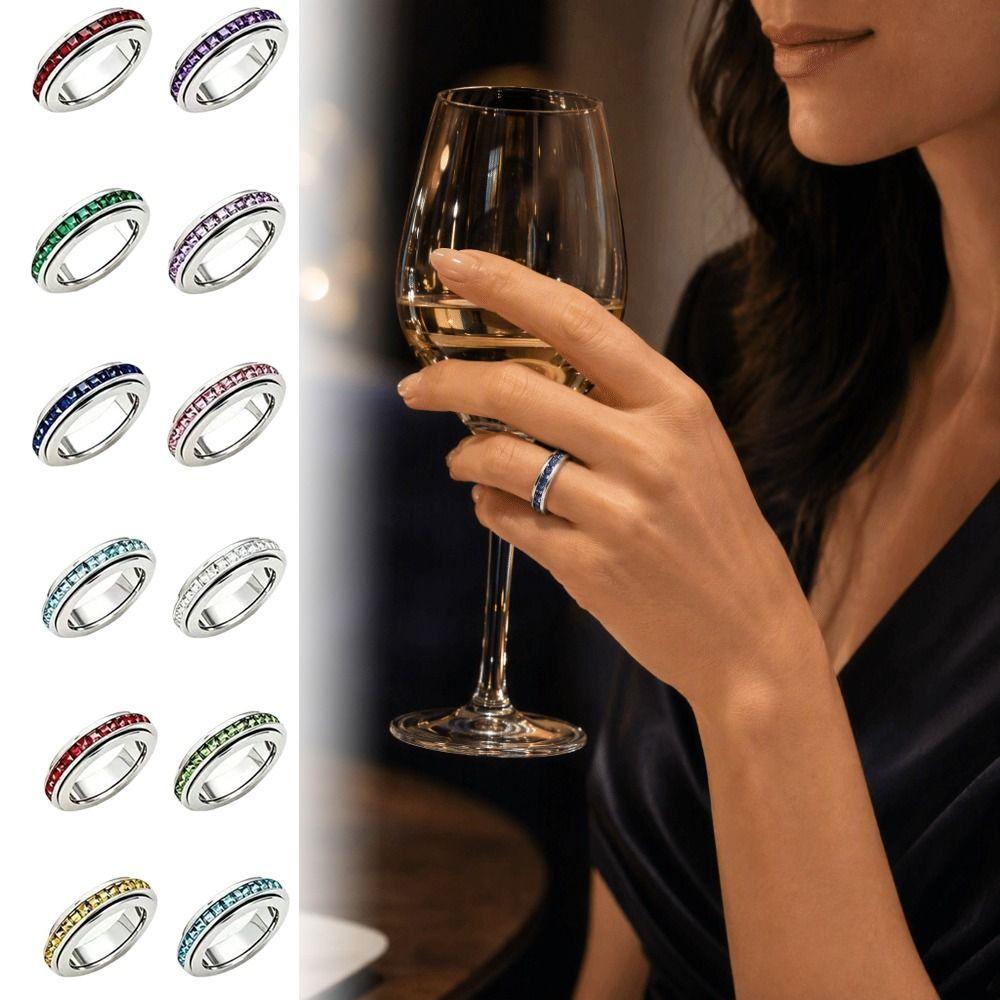 Size 6-10 Stainless Steel Spinner Fidget Ring Cubic Zirconia Lucky Ring Women and Men