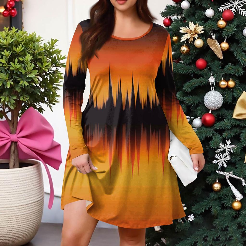 Plus Size Women's Gradient Print Casual Spring/Autumn Pocket Round Neck Long Sleeve Dress