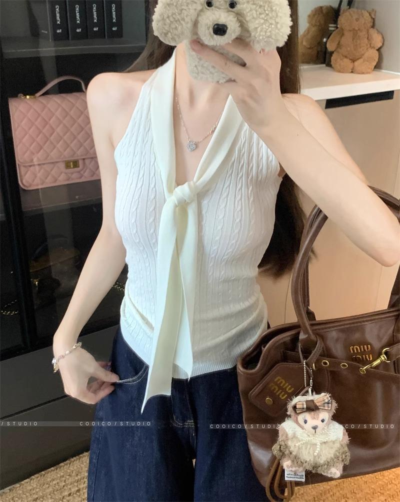 

Temperament lace-up slim-fitting and thin knitted neck vest women s clothing summer waist sleeveless lace outerwear top One size fits all [recommended 80-60kg] абрикосовый