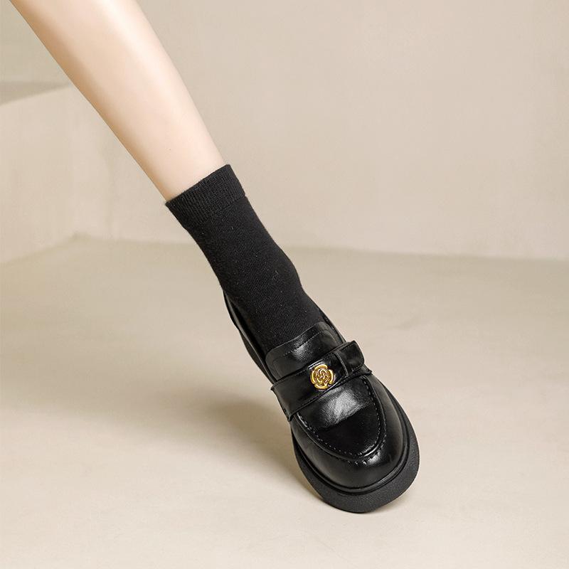 Sunflower~ round head small leather shoes thick-soled retro small gold buckle genuine leather thick heel lazy loafer single shoes women's small le