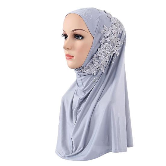 Women Solid Color Lace Rhinestone Muslim Hijab Wrap Islamic Scarf Cap Head Cover