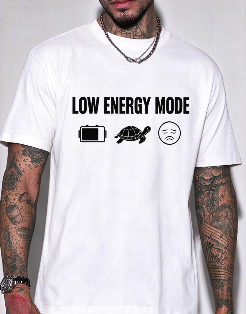 Unisex Lustiges Meme Grafik T-Shirt Low Energy Mode Aufdruck Rundhals Kurzarm Baumwolle Oversized Streetwear Oberteile Für Unisex
