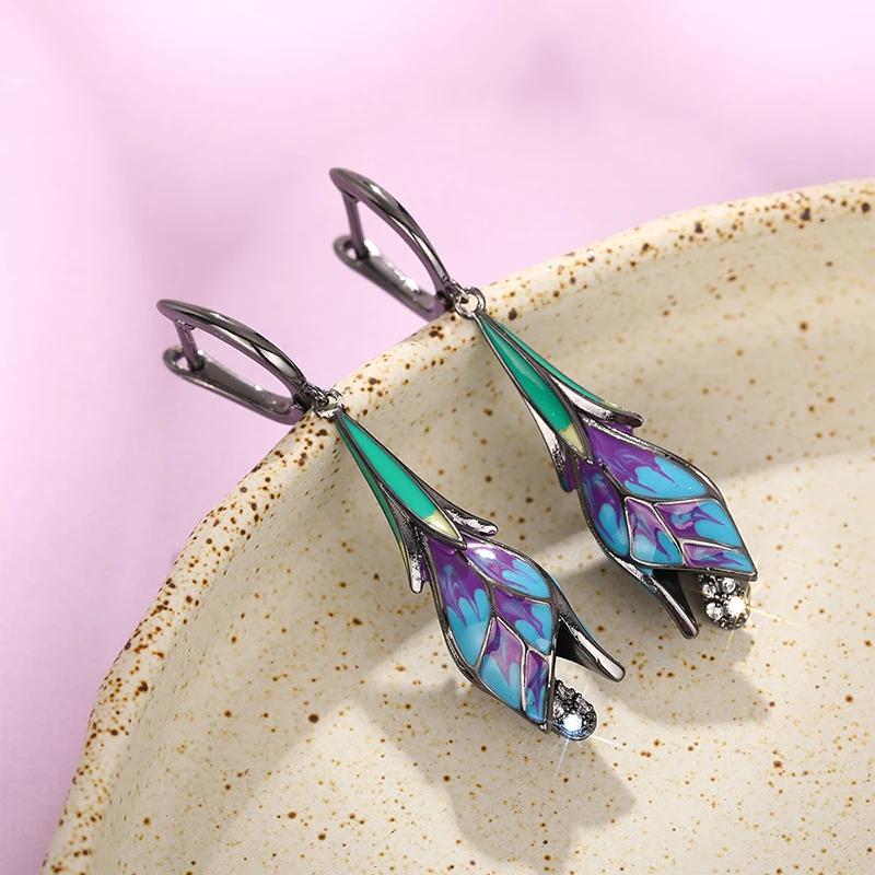Huitan Dark Tulip Flower Women Drop Earrings Vintage Revenge Style Ear Accessories Temperament Personality Versatile