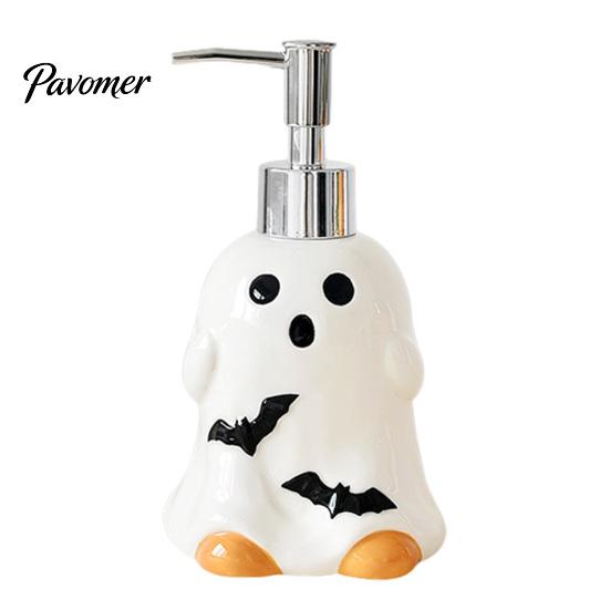 Reusable Shampoo Bottle Halloween Ceramic Ghost Soap Dispenser, with Stainless Steel Pump, Pumpkin Refillable Lotion Dispenser Liquid Hand Container,