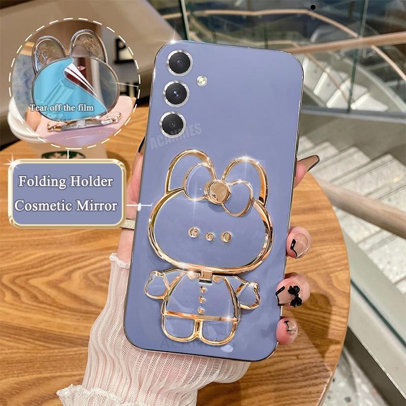 A 16 26 36 56 Luxury Plating Mirror Holder Case For Samsung Galaxy A16 A26 A36 A56 5g S24 Fe S25 Plus Ultra Silicone Stand Cover