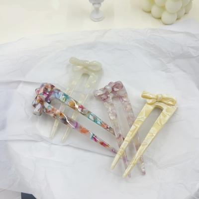 Trendy Bow U-shaped Hairpin Pearlescent Contrasting Color Acrylic Hairpin For Women Exquisite Sweety Girls Daily Hair Accessory