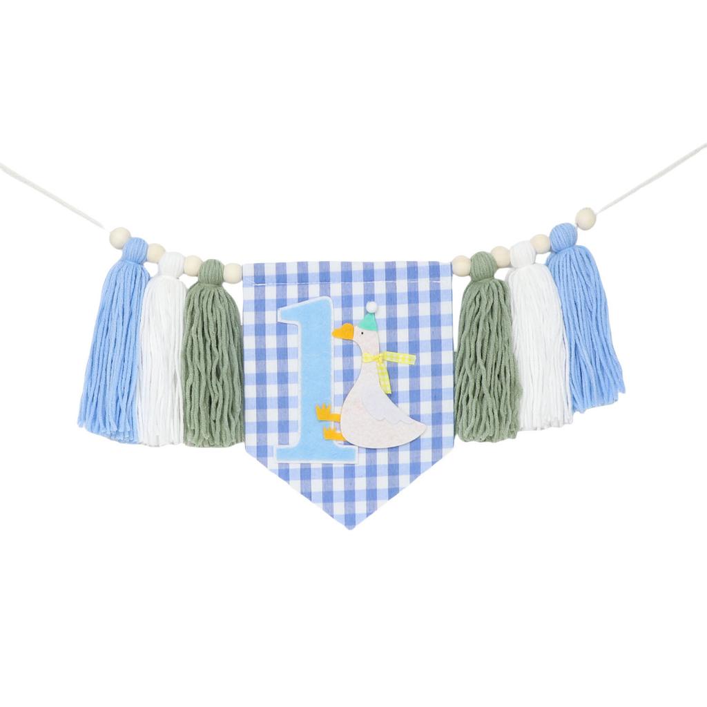 1st Birthday Highchair Banner Goose Theme Blue Ginghams Tassel Banner Hat Photo Prop for Boy Girls Birthday Party Decorations