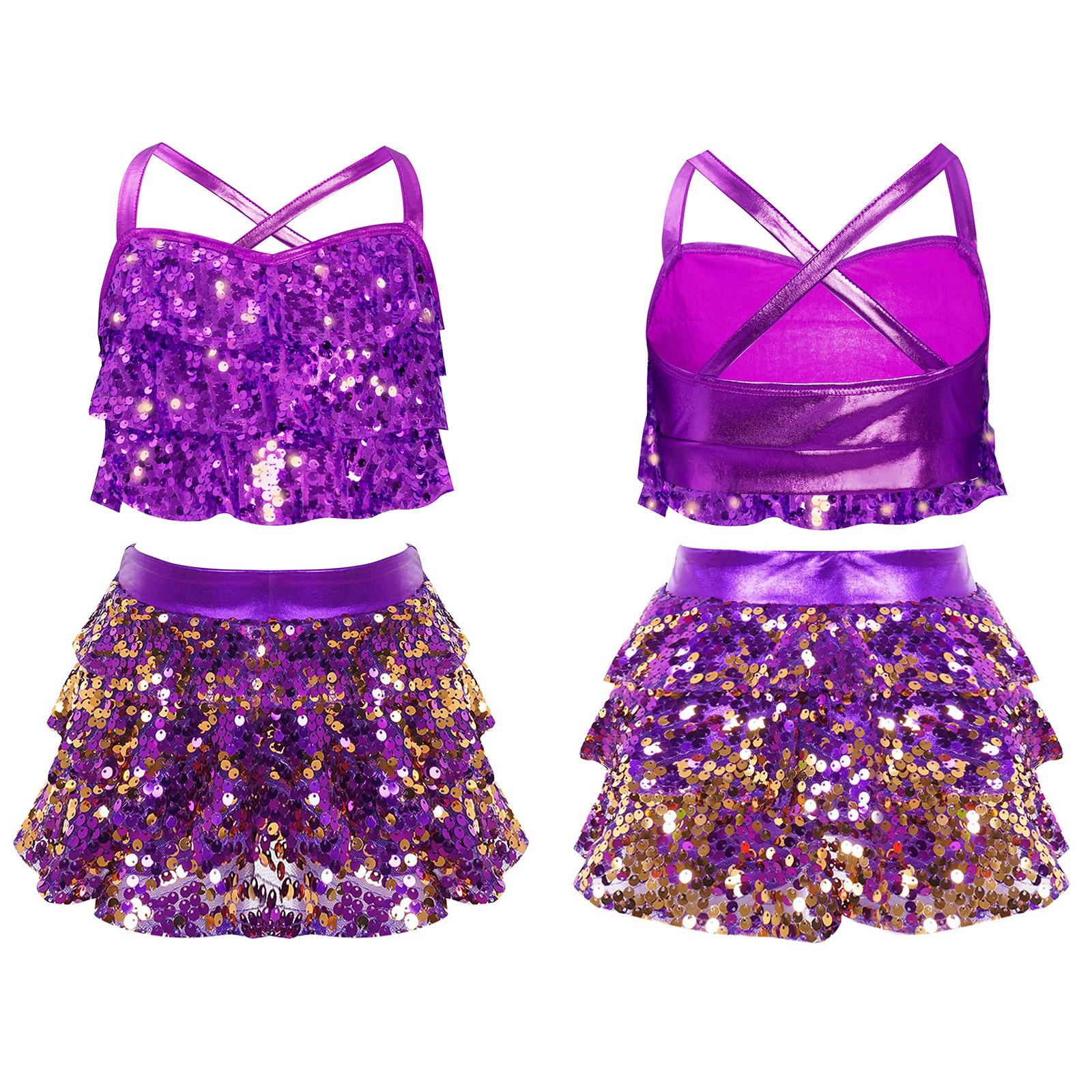 

Костюм для джазового танца с пайетками для девочки, блестящий металлический кроп-топ с многоярусным комбинезоном-юбкой, школьный костюм для баскетбольной группы поддержки 13-14 Years фиолетовый