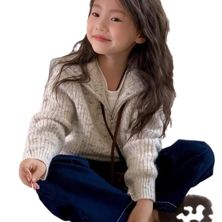 2025 Girls' Autumn/Winter Korean-Style Zippered Knit Sweater Coat